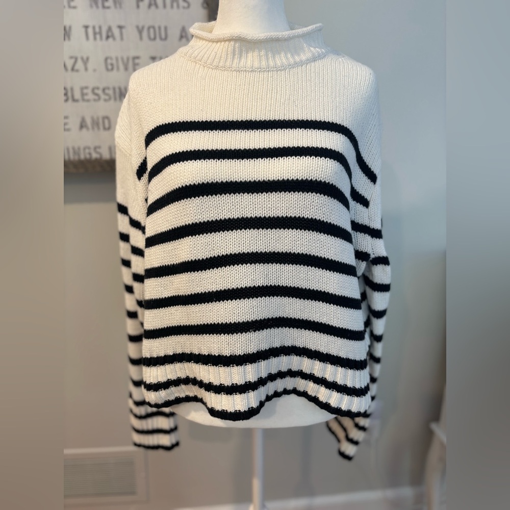 J. Crew Black and White Striped Crewneck Sweater